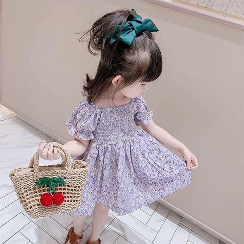 Girls Summer Bubble Sleeve Small Floral Princess Skirt